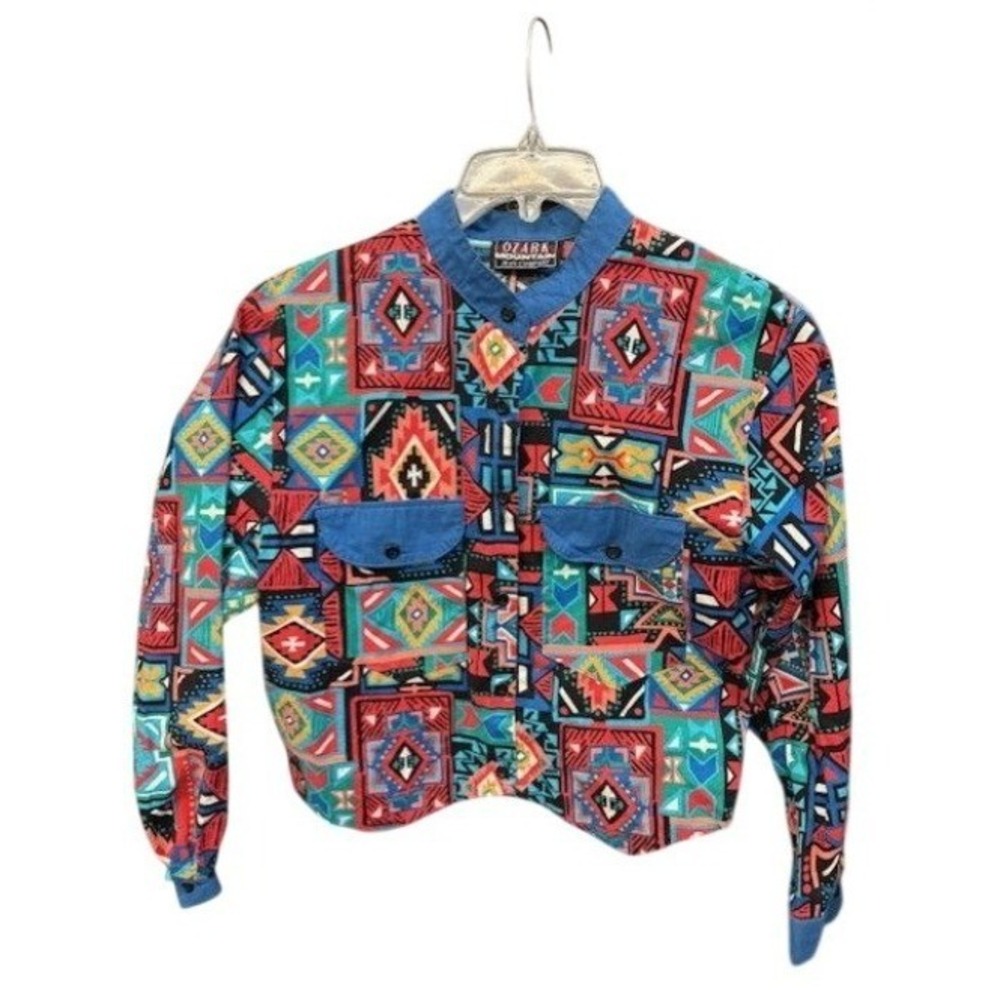 Ozark Mountain Jean Co. Vintage Multicolor Button-Up Shirt With Aztec Print Deni